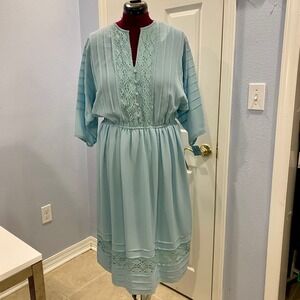 Vintage Jack Bryan Lace Dress‎ Pleated Blue Midi Elastic Waist Wedding Size 16